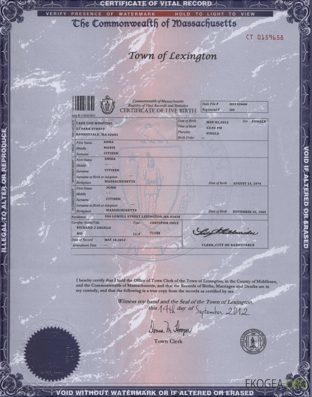 Modèle de certificat de naissance de l'État du Massachusetts aux États Unis au format PSD